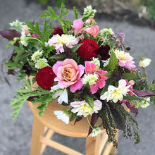 Load image into Gallery viewer, Red and pink fall flower arrangement with dahlias and roses.