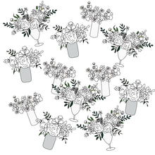 Load image into Gallery viewer, Drawings of approximate size and style of monthly seasonal subscriptions, including 16 oz mason jar bouquets, fluted vases, and pedestal posies.