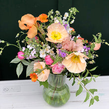 Load image into Gallery viewer, Arrangement with local, pastel-colored seasonal flowers in early summer with poppies, irises, sweet rocket, ranunculus, and other lovely and delicate blooms.