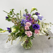 Load image into Gallery viewer, Winter seasonal flower arrangements in purple for delivery in Bellingham, WA