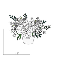 Load image into Gallery viewer, This drawing represents the approximate size and style of the centerpiece. 18" Wide X 16" Tall in a 6" flower pot that can be used for a plant after the flowers fade.