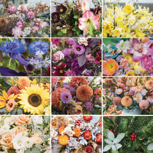 Load image into Gallery viewer, Collage of seasonal flowers from every season of the year and every color combination available. Laura grows, designs, and delivers beautiful seasonal flowers in Bellingham, Washington.
