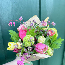 Load image into Gallery viewer, Bright pink and bright green bouquet with bleeding hearts, Columbine, and tulips.