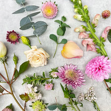 Load image into Gallery viewer, Chrysanthemums, dahlias, roses, snapdragons, asters, yarrow, pincushion flowers, eucalyptus, and strawflower.