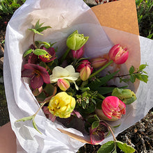 Load image into Gallery viewer, Small bouquet with hellebore, tulips, daffodils, and spring greenery