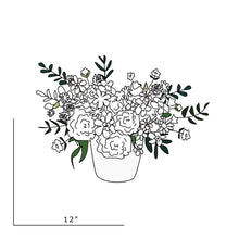 Load image into Gallery viewer, This drawing represents the approximate size and style of the centerpiece. 18&quot; Wide X 16&quot; Tall in a 6&quot; flower pot that can be used for a plant after the flowers fade.