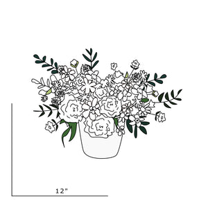 This drawing represents the approximate size and style of the centerpiece. 18" Wide X 16" Tall in a 6" flower pot that can be used for a plant after the flowers fade.