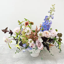 Load image into Gallery viewer, Muted and textural arrangement  with blue, mauve, blush, and cream perfect for fall flower delivery