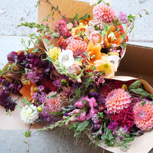 Load image into Gallery viewer, Bright and fresh flower bouquets wrapped in brown paper with dahlias and snapdragons