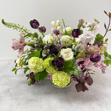 Load image into Gallery viewer, green and purple spring floral arrangement