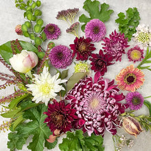 Load image into Gallery viewer, Flyaway with heirloom chrysanthemums, scented geranium, sedum, cress, pincushion flowers, and nigella pods.