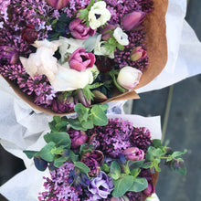 Load image into Gallery viewer, Purple Mother&#39;s Day flower bouquets with lilac, tulips, anemone, cerinthe and iris grown in Laura&#39;s garden with earth-friendly, low-waste, and chemical-free practices. 